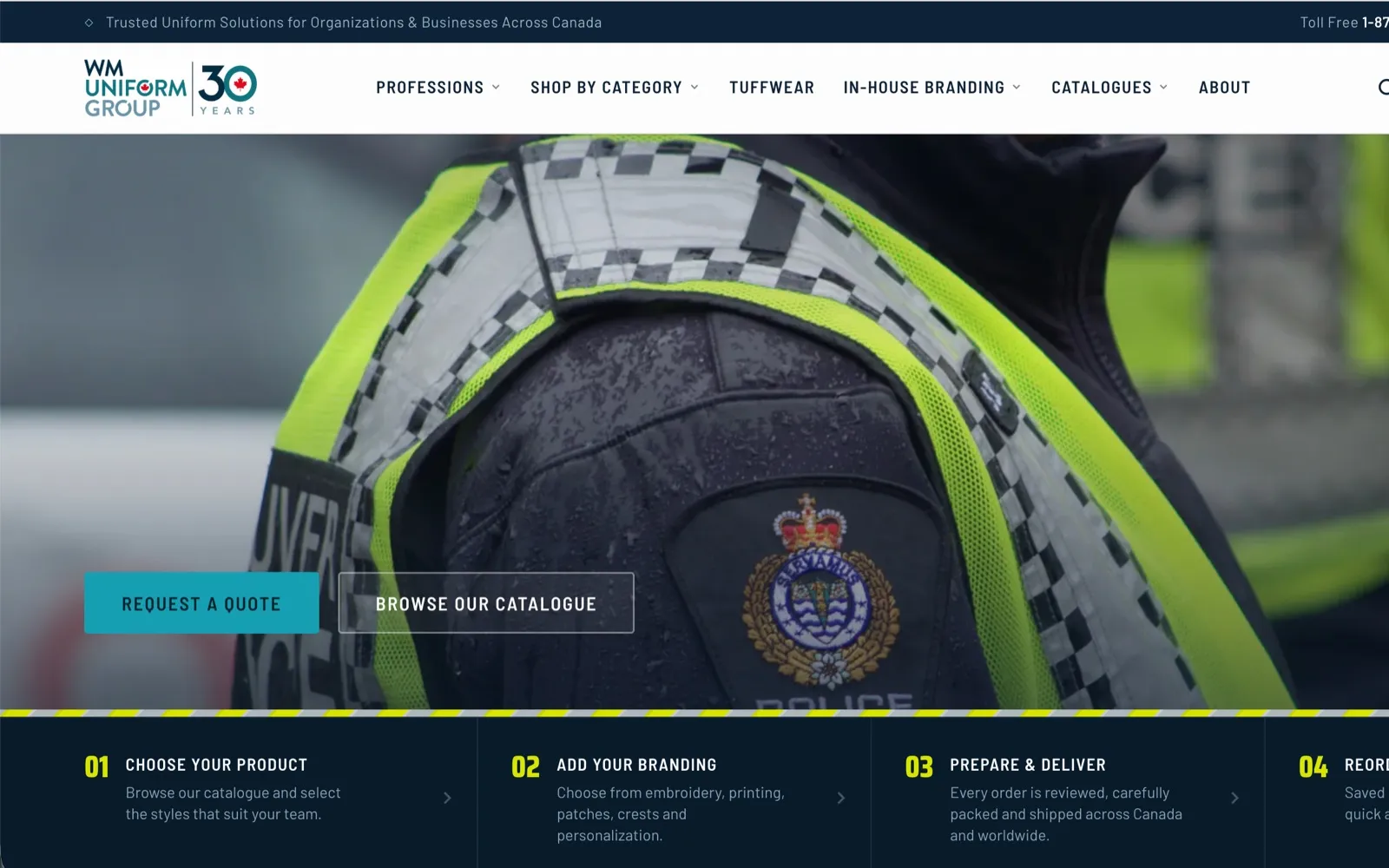 The WM Uniform Group website built on Vitrine, showing the navigation, a full-bleed hero and a four-step ordering process.
